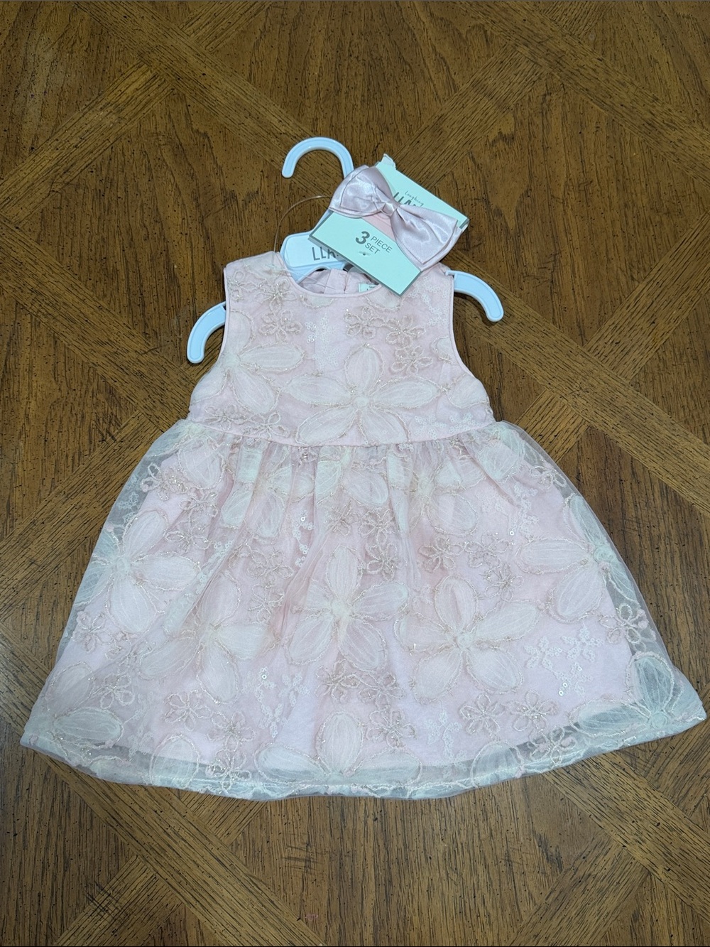 Little Girls Pink Floral Lace Party Dress with Matching Bow